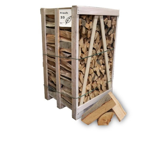 Brennholz Buche, halbtrocken, 30-33 cm – Regalpalette